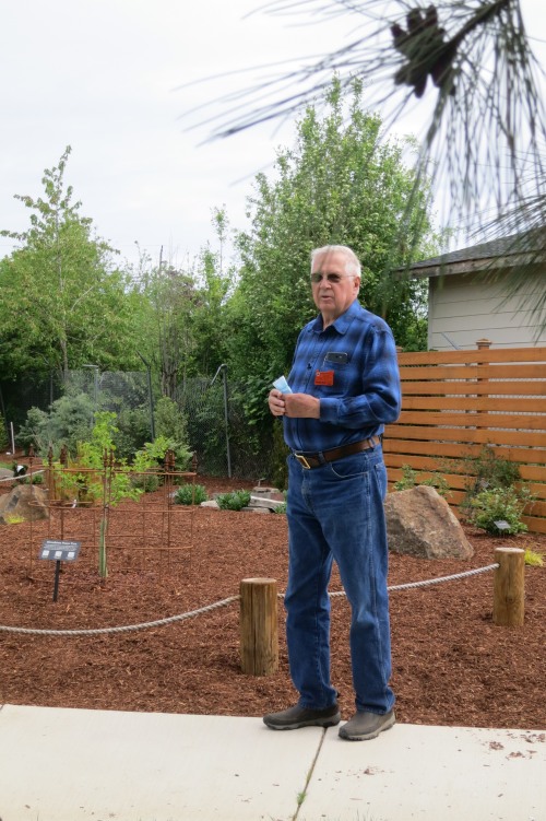 Bill Leedy standing on sidewalk in front of Peace Tree garden